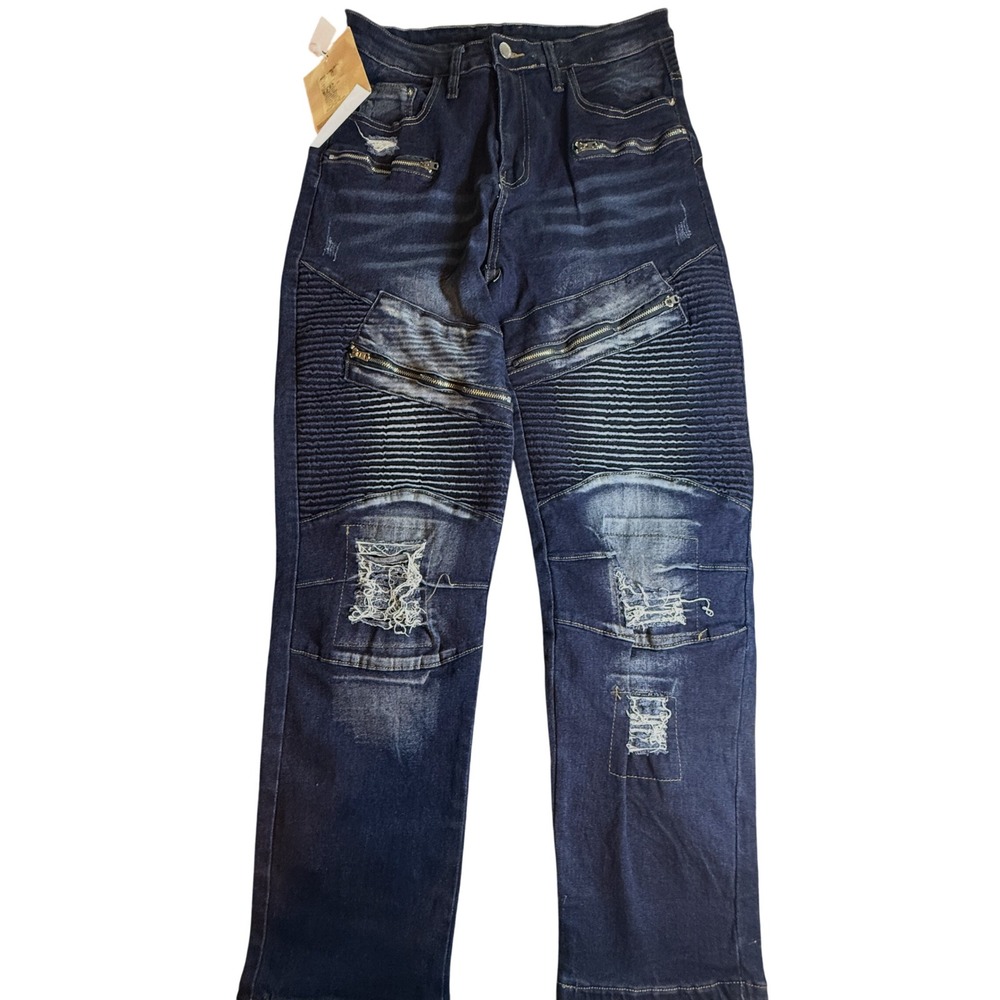 Road Markings D1087 Moto Biker Jeans Dark Wash Distressed Ribbed Zipper Denim M